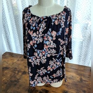 J.Jill Navy Blue Top with Floral Print